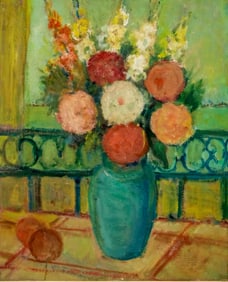 Mystery Artist, Impressionist School, “Bouquet on the Balcony," Signed Oil on Panel Painting