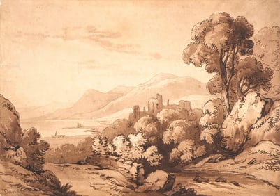 David Cox, Signed, English Landscape Wash Sanguine Drawing with Castle Ruins, 1849