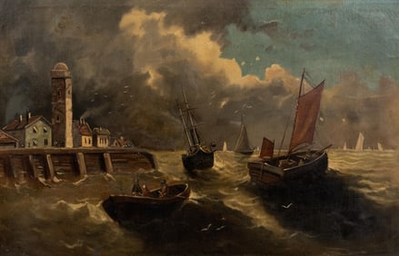 19th Century European Harbor Scene Oil Painting with Fishing Vessels, Signed