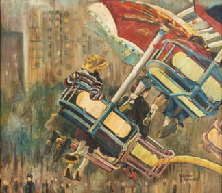 Fabienne Desramaut, Luna Park Paris Carousel, Oil on Panel Painting, Signed