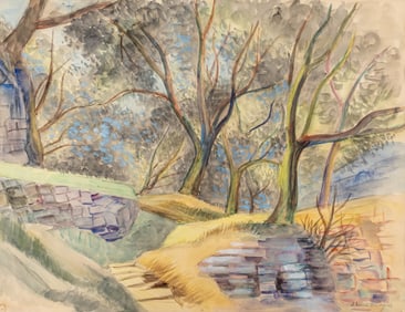 Jean Leleu-Bourgois French 20th Century Watercolor Painting, Trees in the Forest, Signed