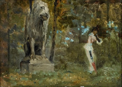 Frank Boggs French School, Lion Sculpture in Forest, Oil Painting, 20th Century