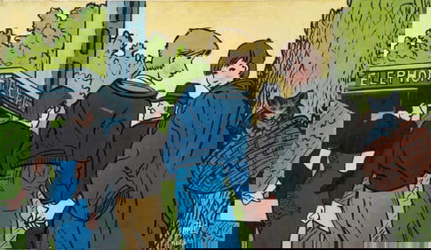 Signed Pop Art Telephone Booth Street Scene Painting, 1993