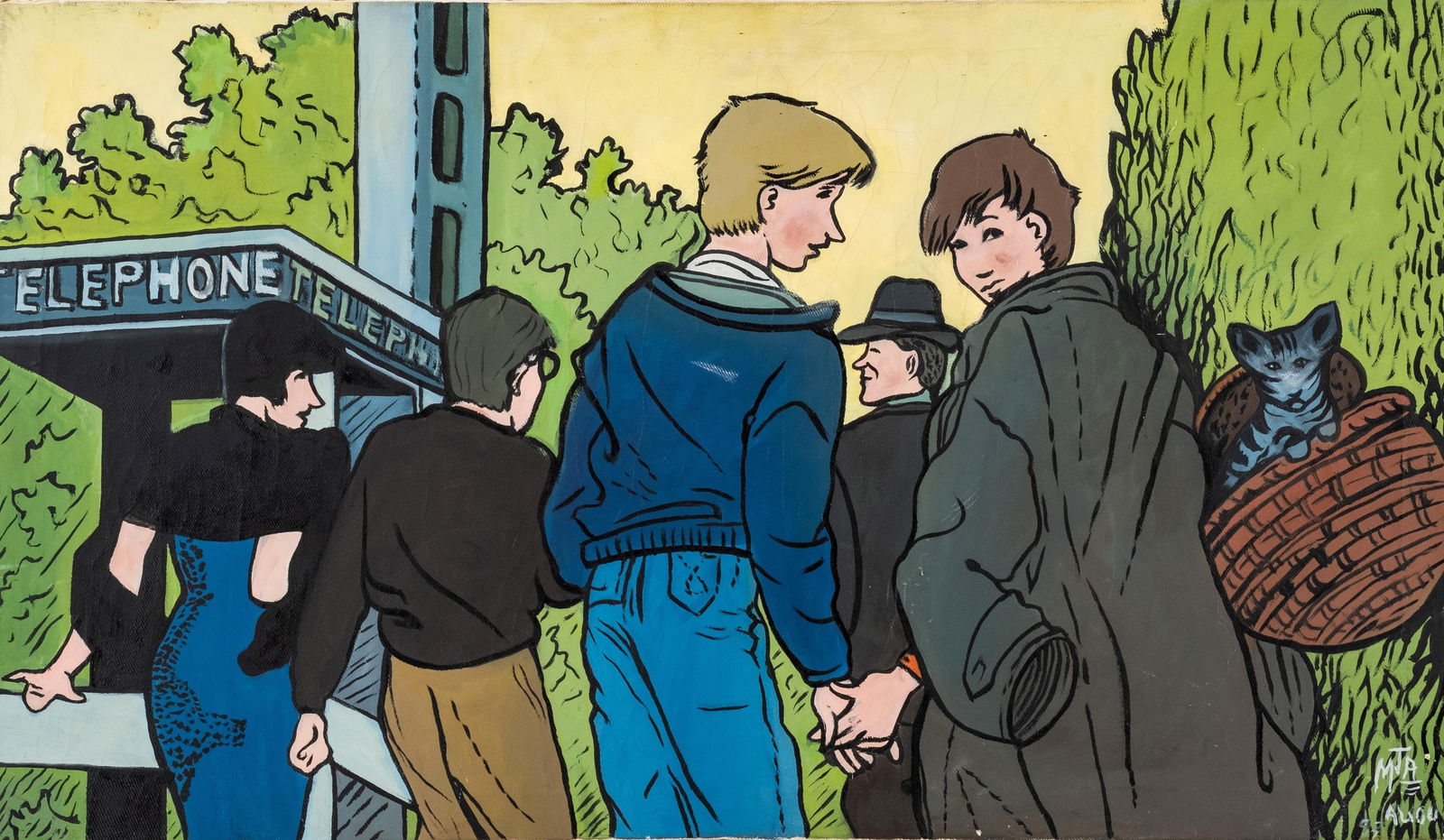 Signed Pop Art Telephone Booth Street Scene Painting, 1993: Keywords: comic style, figurative composition, telephone kiosk, public phone, urban landscape, narrative image, European school, modern canvas, wall décorNO RESERVE 1993 pop-style urban street scene