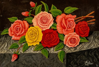 signed Mathieu, French School, Rose Still Life Oil Painting, Signed, circa 20th