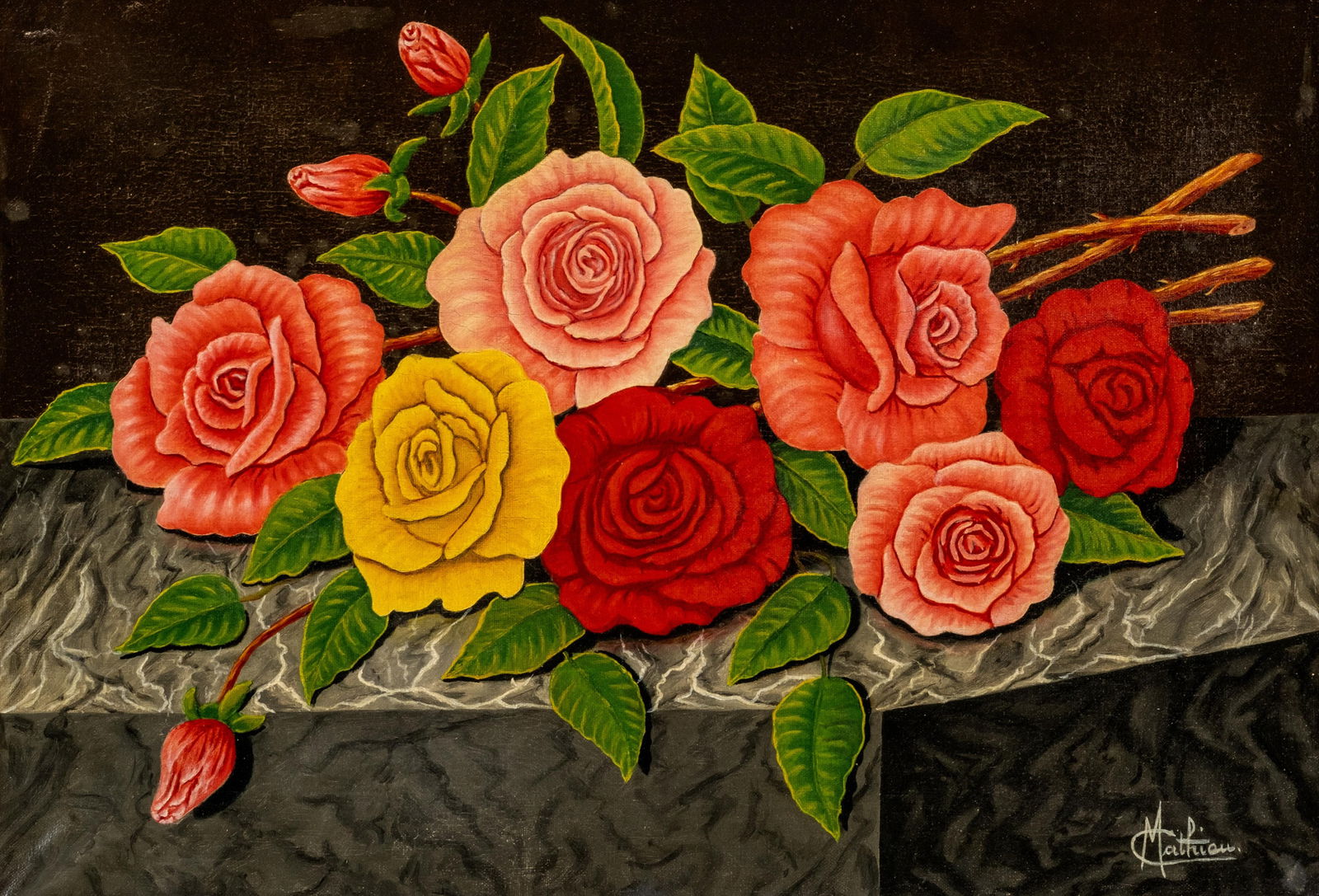 signed Mathieu, French School, Rose Still Life Oil Painting, Signed, circa 20th (1 of 9)