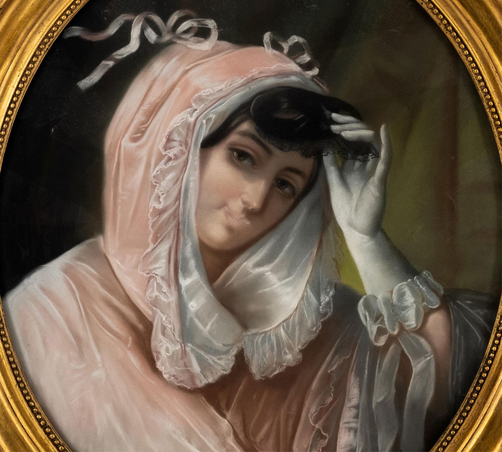 Joseph Désiré Court “The Mask" Pastel on Paper, 20th Century: Keywords: French portrait, 19th century pastel, romantic portrait, aristocratic woman, oval portrait, female portrait, academic realism, salon style, period costume, white glove, veil and bonnet, gilt