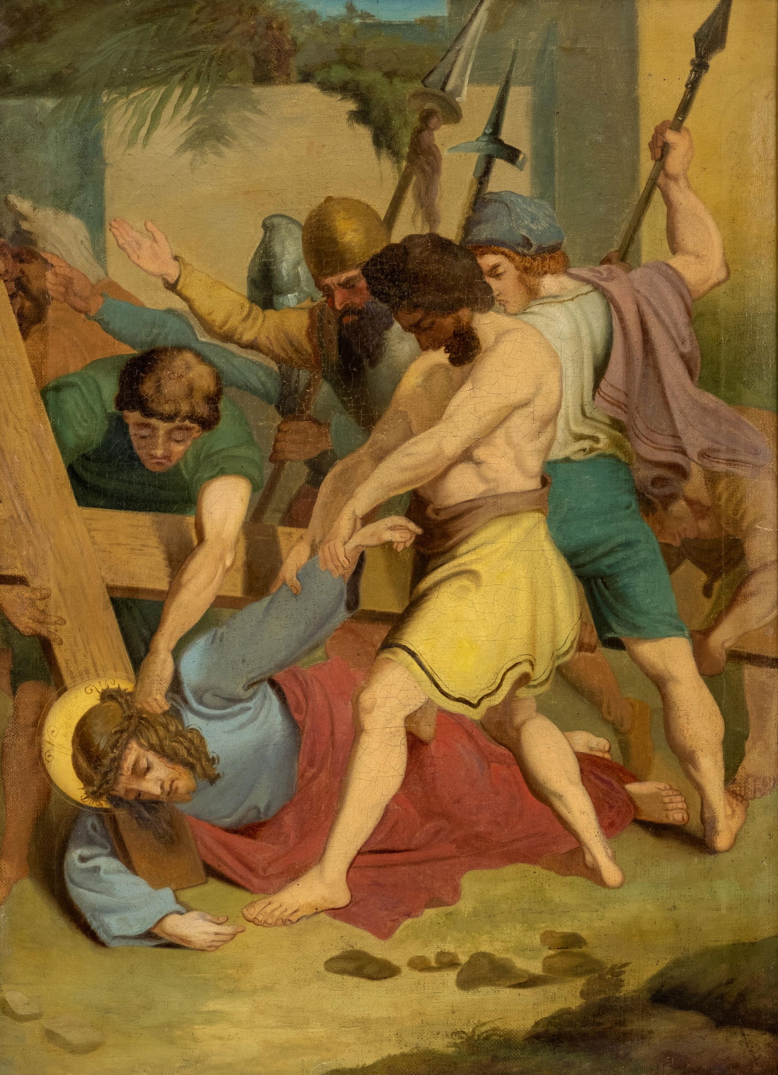 Antique Religious Oil Painting Depicting Christ Fallen Beneath the Cross (1 of 9)