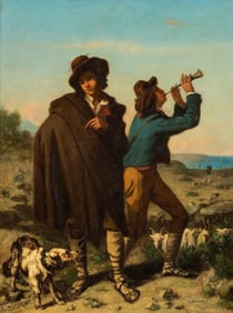 Charles Adolphe Bonnegrace French 19th Century Oil on Canvas Painting, Two Shepherds With Dog,