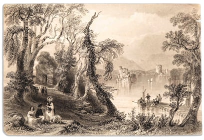 English School 19th-Century Romantic Landscape Ink Drawing on Paper