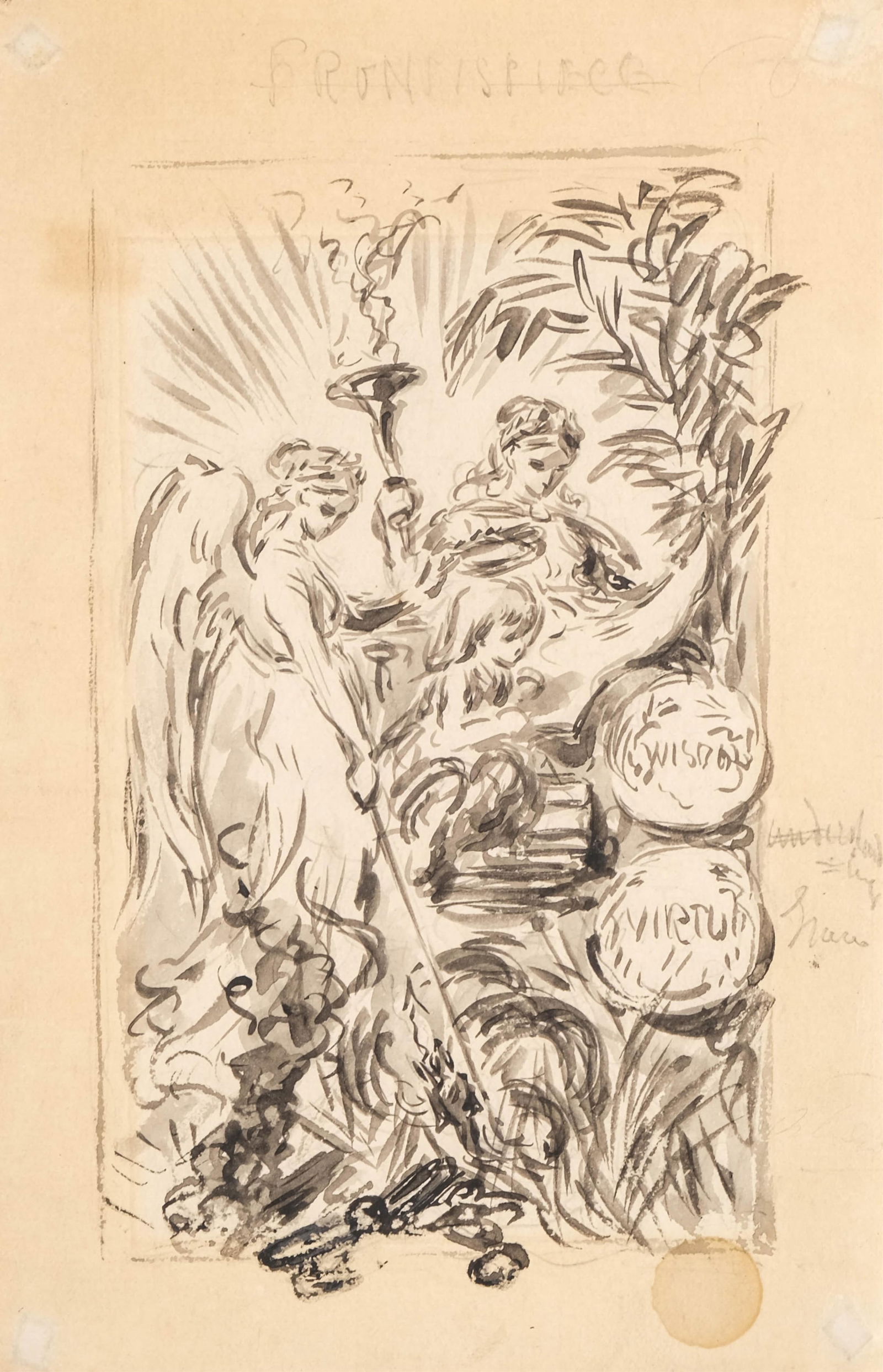 19th-Century French Ink and Wash Painting on Paper, Allegory of Wisdom and Virtue (1 of 7)