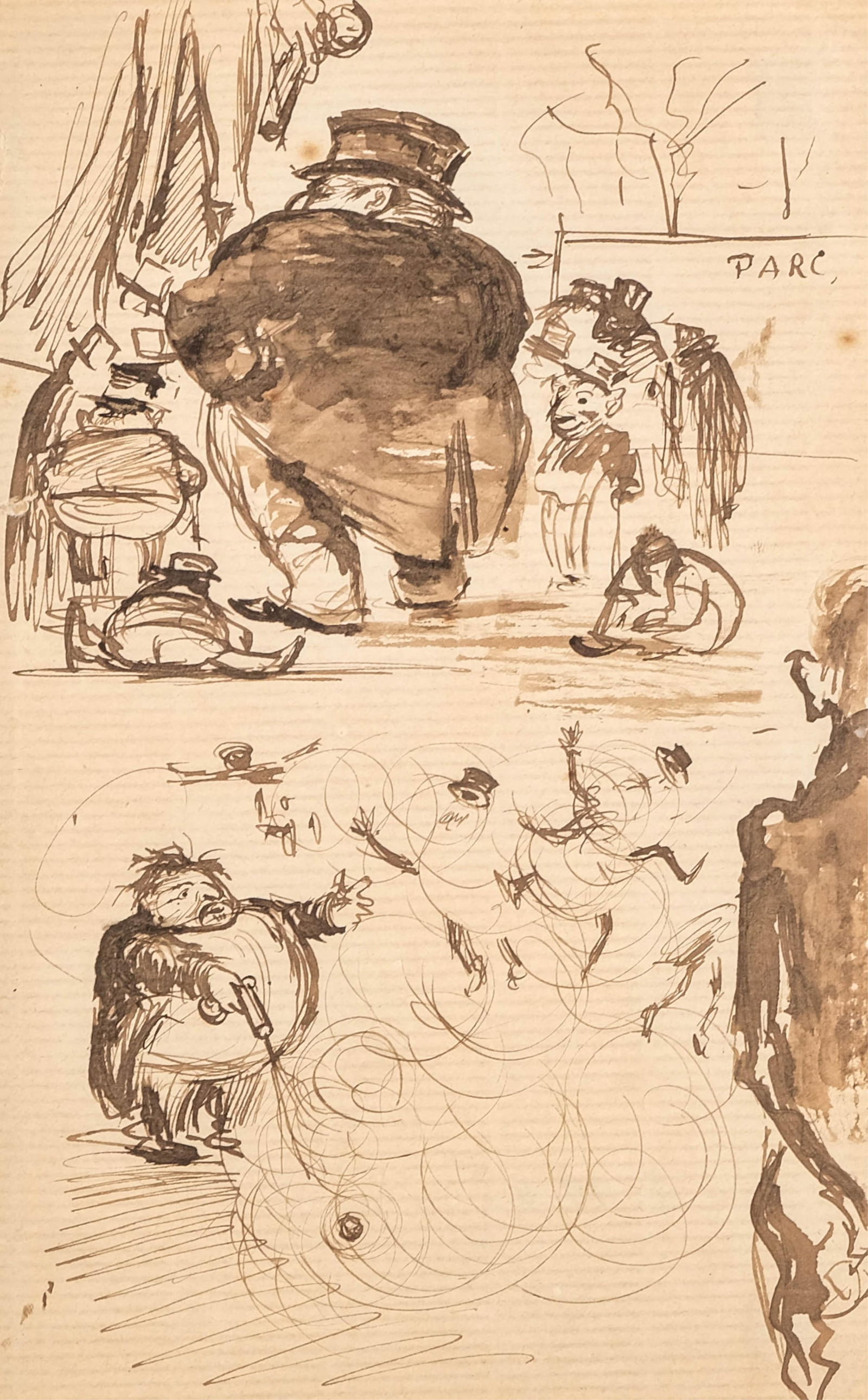 French 19th-Century Humorous Ink and Wash Drawing of Park Scene with Figures and Caricatures (1 of 7)