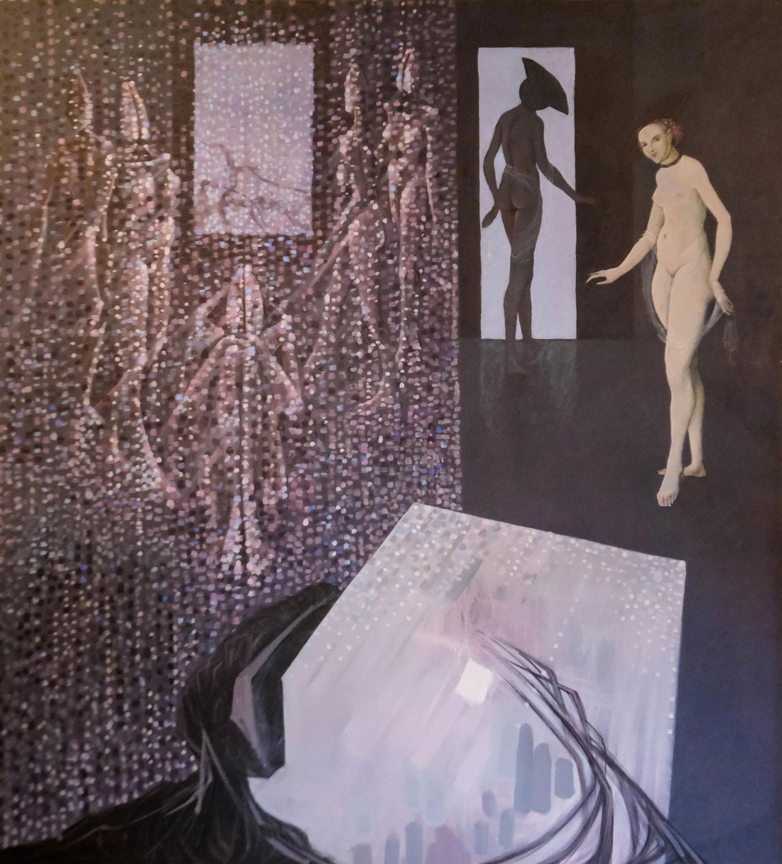 Cesare Peverelli Monumental 6.5-foot Modern School Oil on Canvas Painting, Late 20th Century: Keywords: contemporary art, figurative, allegorical, Renaissance homage, German Renaissance influence, large-scale canvas, nude figure, architectural interior, geometric abstraction, panel composition