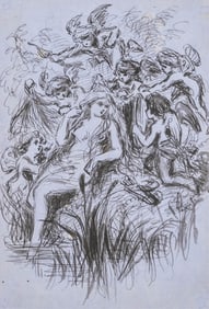 European, 19th Century Painting, Ink And Wash On Blue Paper, Venus With Putti