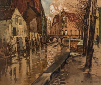 Casimir Raymond, After Ferdinand Luigini, A Canal in Bruges, Gouache and Watercolor Painting