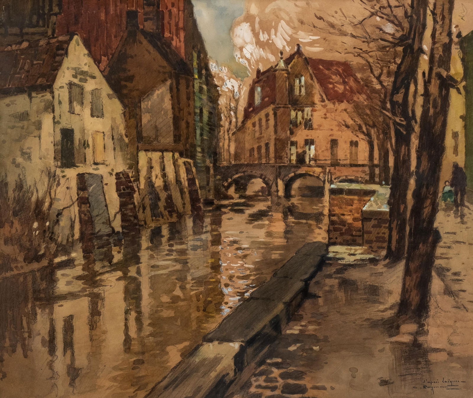 Casimir Raymond, After Ferdinand Luigini, A Canal in Bruges, Gouache and Watercolor Painting (1 of 10)