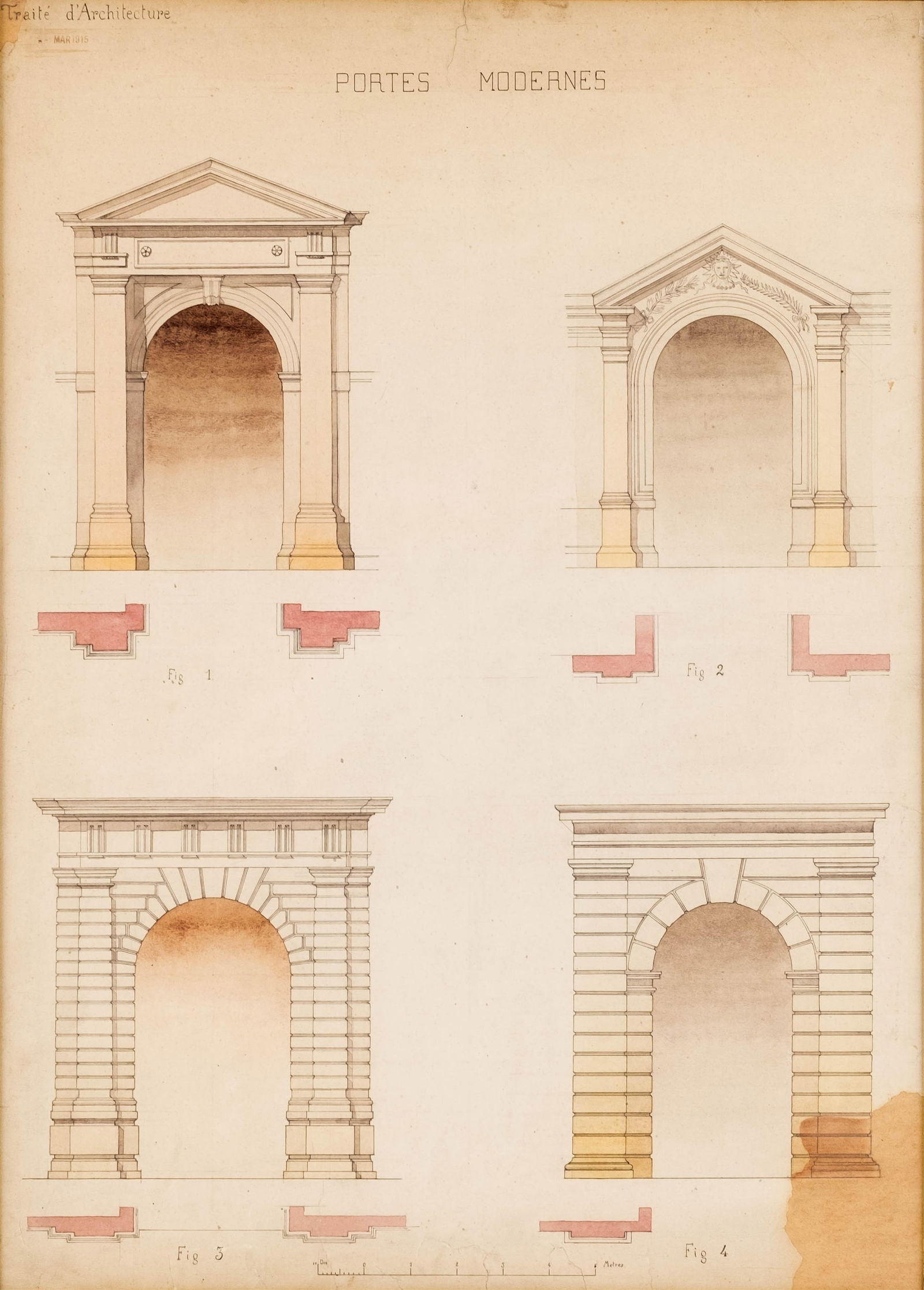France, 1915, Watercolor & Ink Architectural Study “Portes Modernes" Painting (1 of 12)