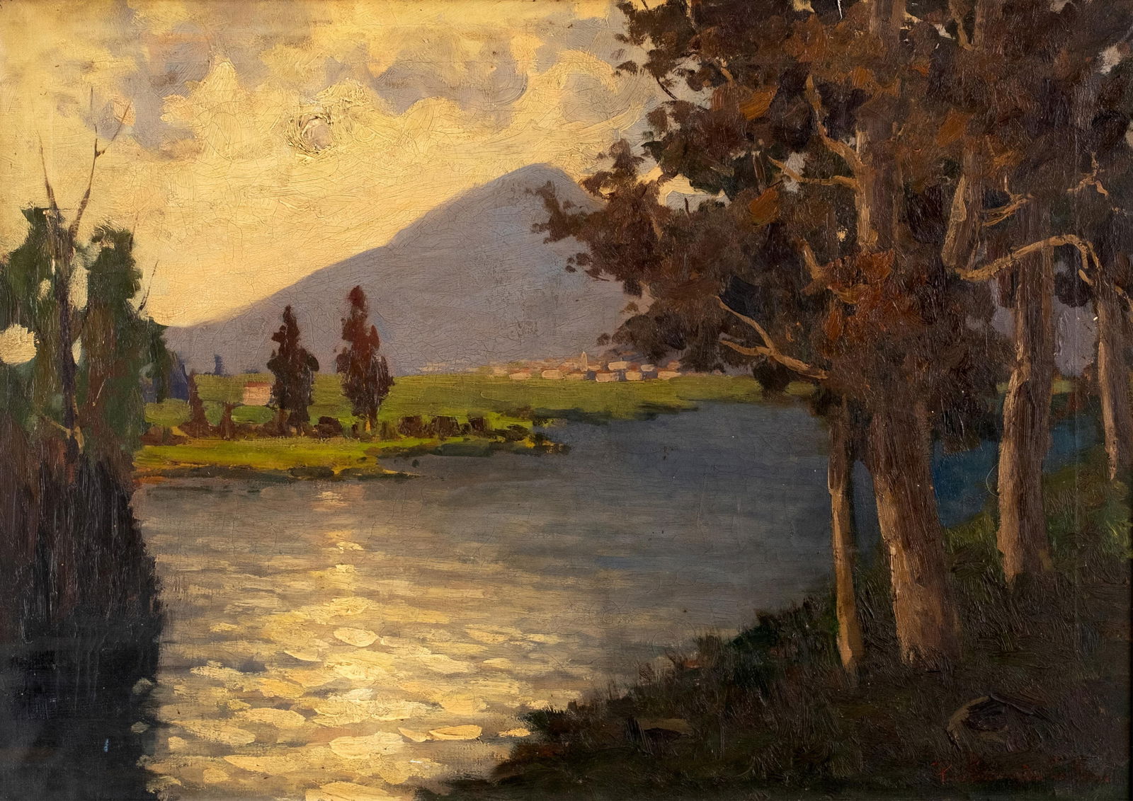 Signed European Landscape Painting, Lake at Sunset, Late 19th–Early 20th Century (1 of 5)