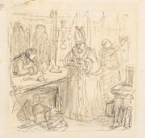 19th Century Illustration Study With Cleric and Figures (Graphite Drawing)