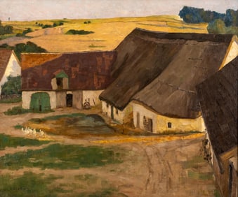 German School Signed Oil on Canvas Farmstead Landscape Painting, Early 20th Century