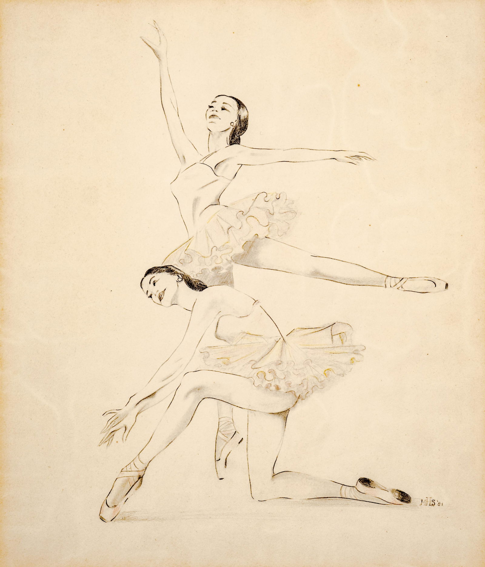 Mystery Artist: MHS Signed Graphite Drawing of Two Ballet Dancers, 1951: Keywords: ballet, dancer, pointe, tutu, performance art, graphite drawing, 1950s art, American drawing, figurative sketch, classical ballet, Strathmore paper, mid-century art, female figure, movement,