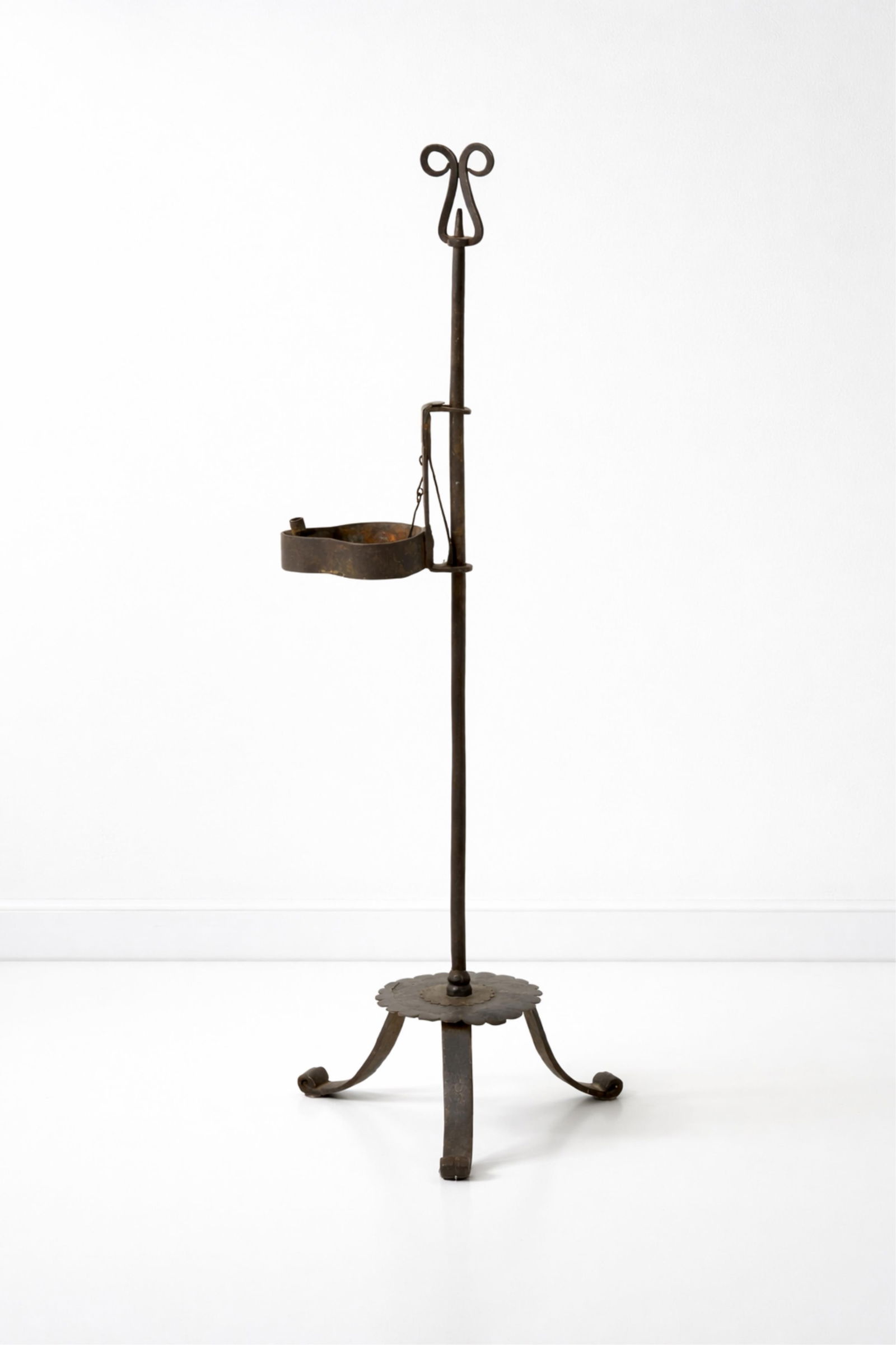 Early Hand Forged Wrought Iron Adjustable "Betty" Oil Lamp, 18th–19th C.