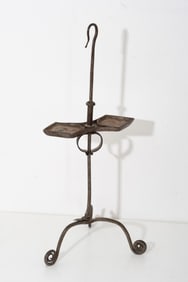 Early Hand Forged Wrought Iron Double CANDLE Lamp on Tripod Base, 18th–19th C.