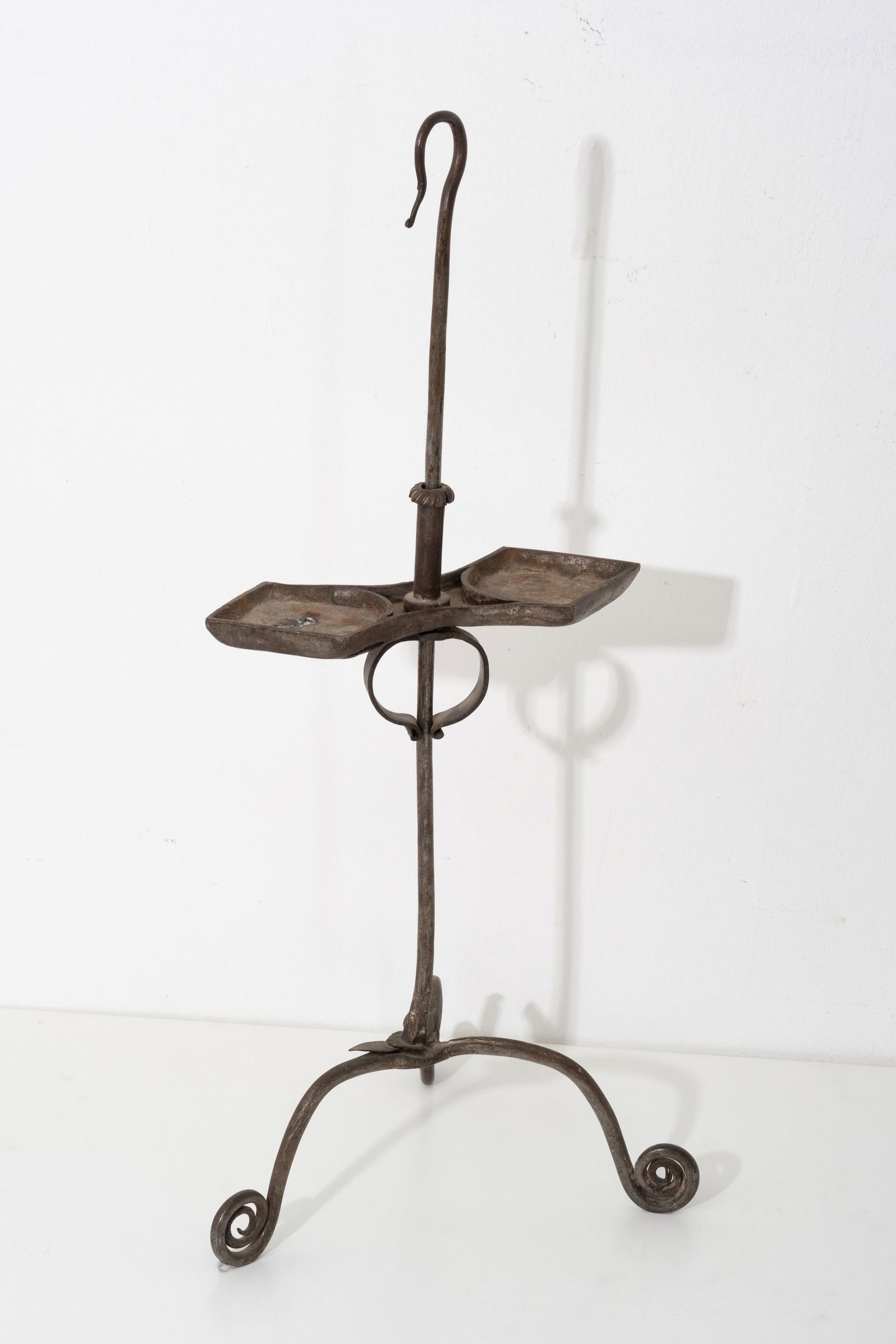 Early Hand Forged Wrought Iron Double CANDLE Lamp on Tripod Base, 18th–19th C. (1 of 7)