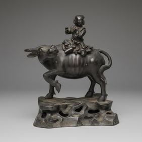 China, Bronze Sculpture, Incense Burner, of Boy Riding Water Buffalo on Rock Base, 20th Century