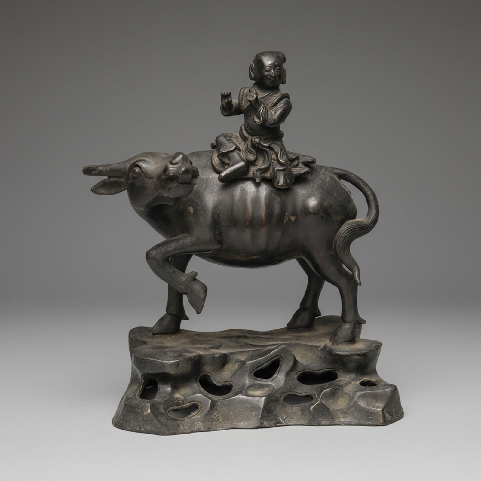 China, Bronze Sculpture, Incense Burner, of Boy Riding Water Buffalo on Rock Base, 20th Century (1 of 11)