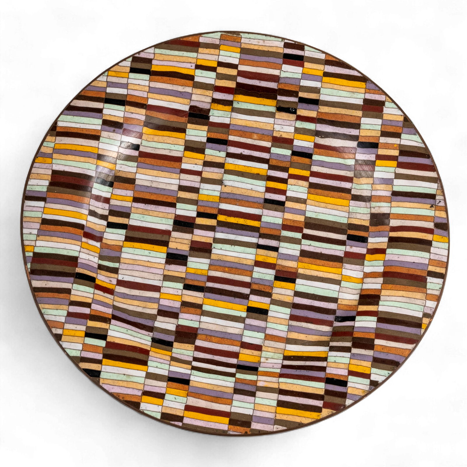 Rare Cloisonné Charger with Staggered Geometric Pattern, Early 20th Century 12 1/4 in. (31.1 cm.): Keywords: Asian artwork, Meiji, Enamel, geometric pattern, japonese display platter, Art Nouveau influence, interior décor accent, Early 20th Century, EarthtonesSummary:Rare unusual cloisonné charge