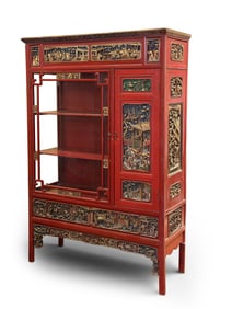 Chinese 19th-Century Red-Lacquer Display Cabinet with Open Work Carved Panels
