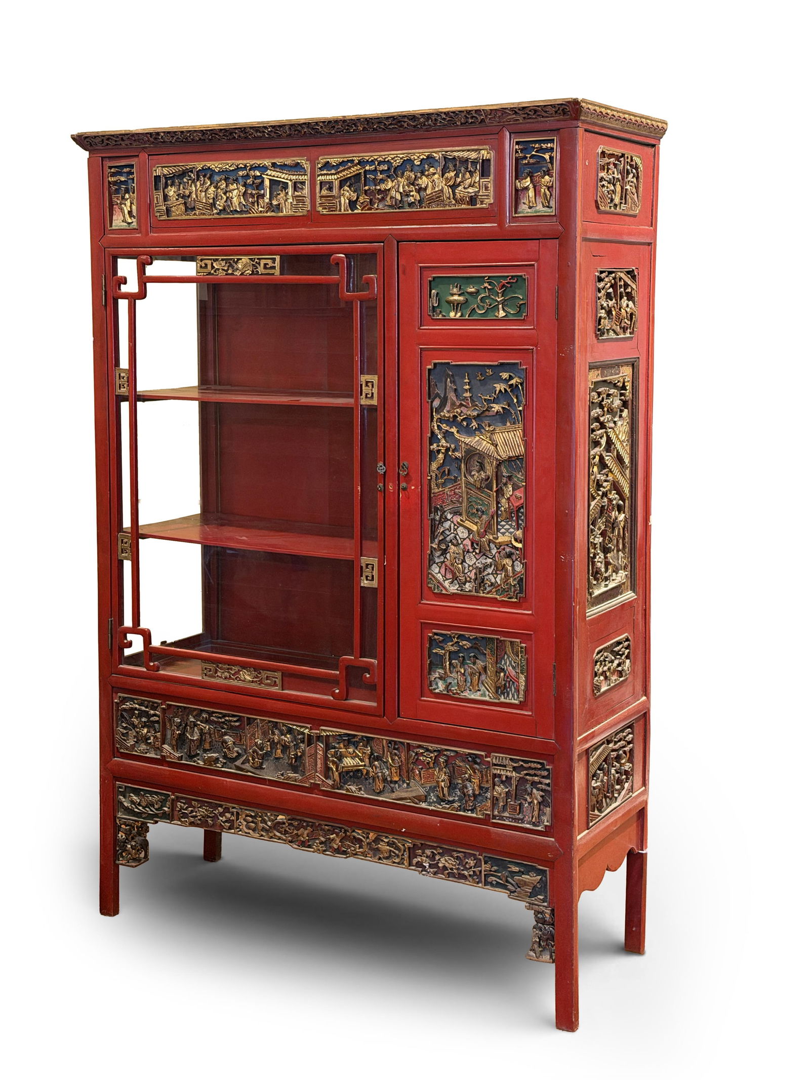 Chinese 19th-Century Red-Lacquer Display Cabinet with Open Work Carved Panels (1 of 18)