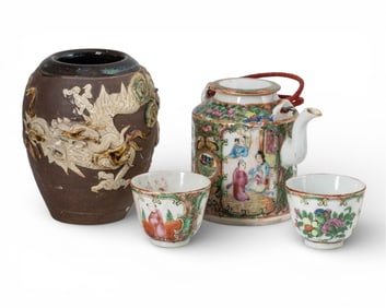 Chinese Ceramic Tea Wares and Relief Decorated Jar, 20th Century