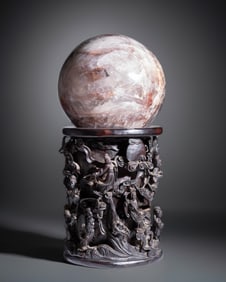 Massive Quartz Scholars Contemplation Sphere on Chinese Circa 19th Carved Ebony Base