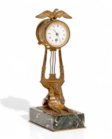 Empire Style Napoleon III Gilded Bronze Egyptian Revival Desk Clock with Sphinx and Eagle, 19th Ce.