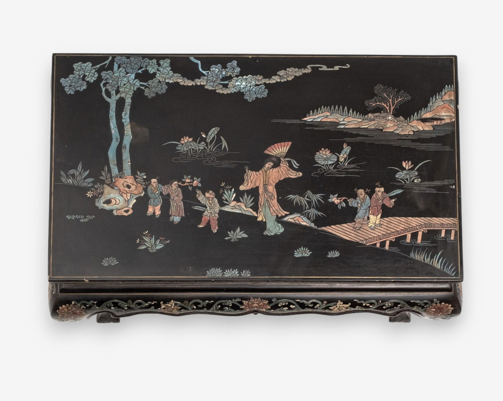 Chinese Black Coromandel Lacquer Inlay Low Table: Keywords: No reserve, Ming Dynasty revival, Qing Dynasty influence, Chinoiserie, Art Deco Asian, Mid-20th century design, Traditional Chinese furniture, Gabriel Viardot style, Oriental lacquerware,