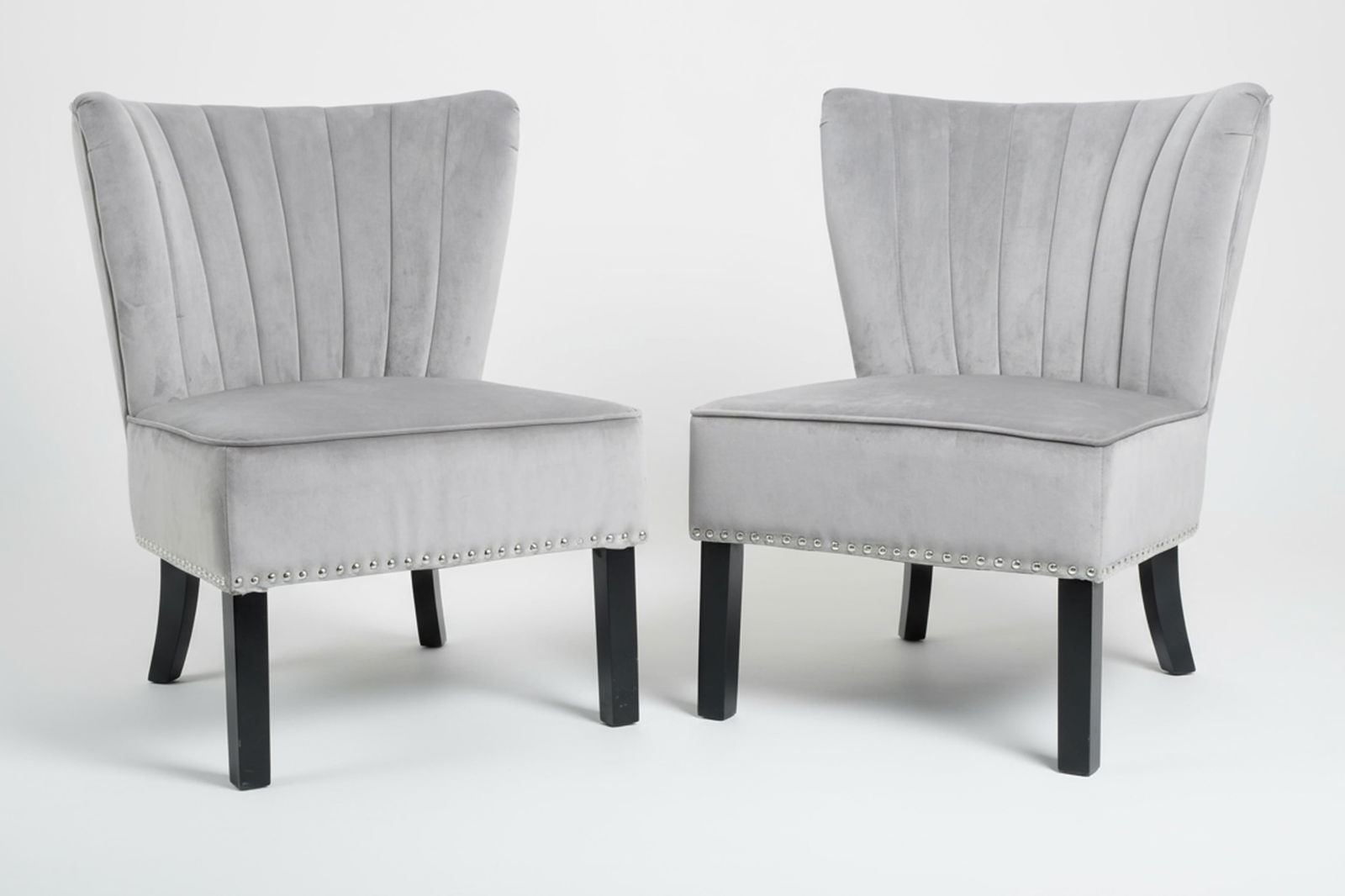 Pair of Art Deco Design Gray Channel-Back Lounge Chairs: Keywords: No reserve, mid-century modern, curved back lounge chairs, gray velvet chairs, channel tufted chairs, slipper chairs, armless accent chairs, minimalist seating, Hollywood Regency, Art Deco