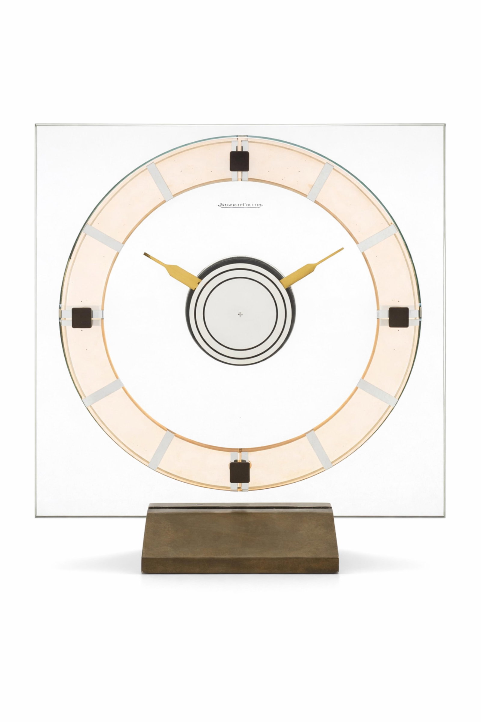 Jaeger-LeCoultre, The Iconic Art Deco Authentic "Mystery" Clock": Keywords: Horology, Modernist Design, Desk Accessory, 1930's Home Decor, Time piece, table clock Summary: Rare Jaeger-LeCoultre. Original Iconic Art Deco "mystery" clock in glass and pink tinted