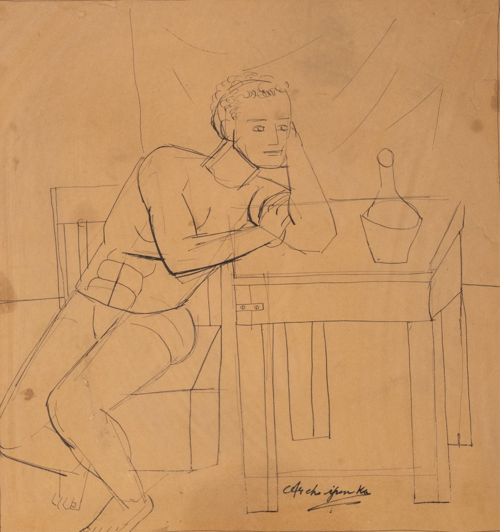 Alexander Archipenko Signed Modernist Figure Drawing, Circa 1910s: Keywords: No reserve, Cubism, Modernist, Amedeo Modigliani Style, Fernand Leger Influence, Wall Art, Picture Summary: Signed drawing by Alexander Archipenko (1887–1964), a pioneering modernist