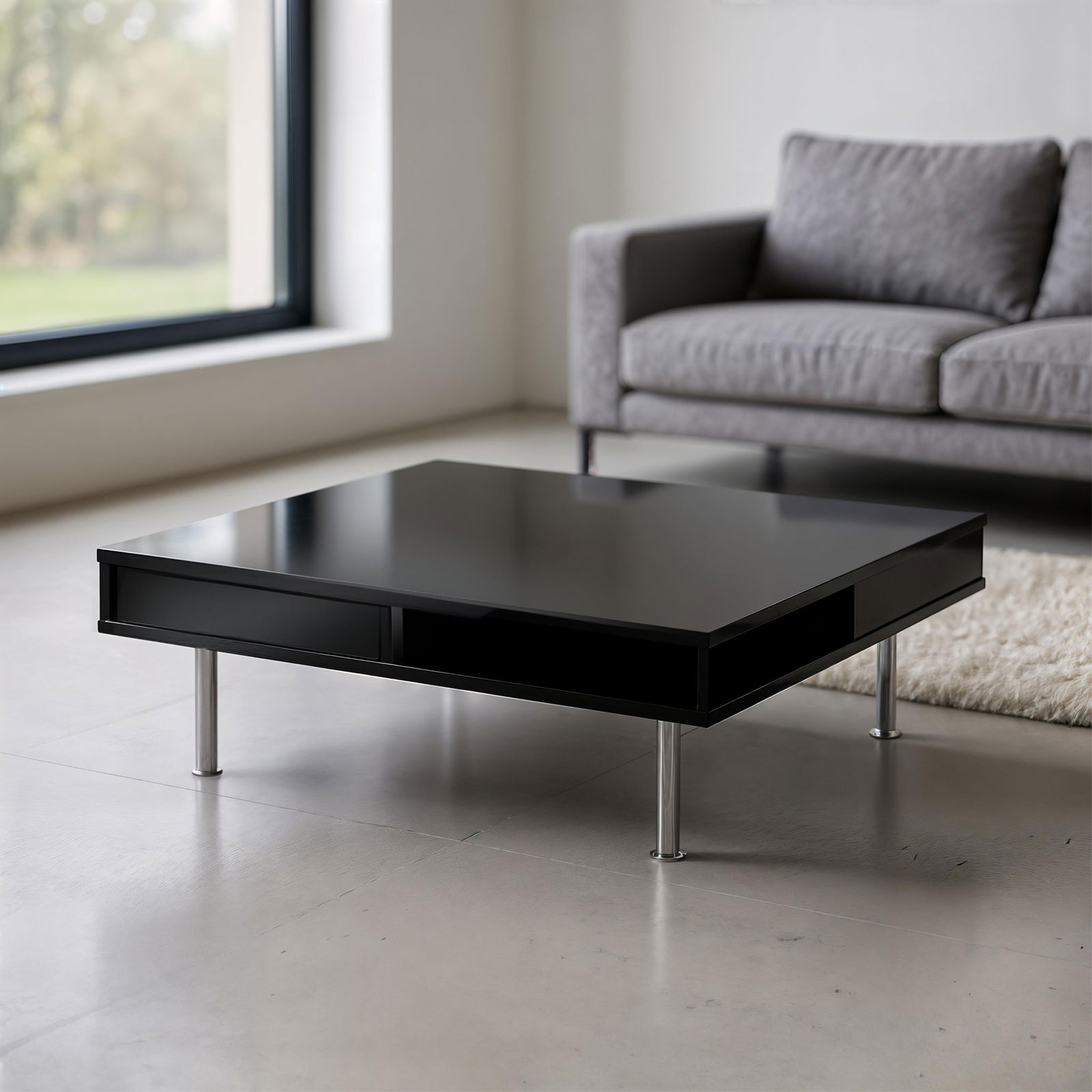 Black Low Center Table with drawers\, modernist style design: Keywords: No reserve, cocktail table, center table, living room furniture, lounge furniture, accent furniture, minimalist, contemporary, open base, pedestal base, designer furniture Summary: Vintage