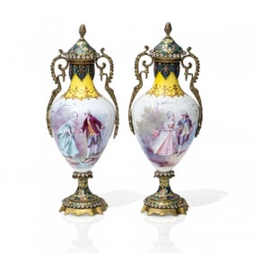 France, c. 1900 Sevres Hand Painted Porcelain & Cloisonne Champleve Enamel Urns (Pair)