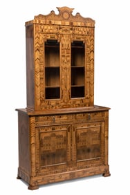 Wonderful Wood Intricately Inlaid Exhibition Cabinet with Secret Mechanisms, Late 19th Century