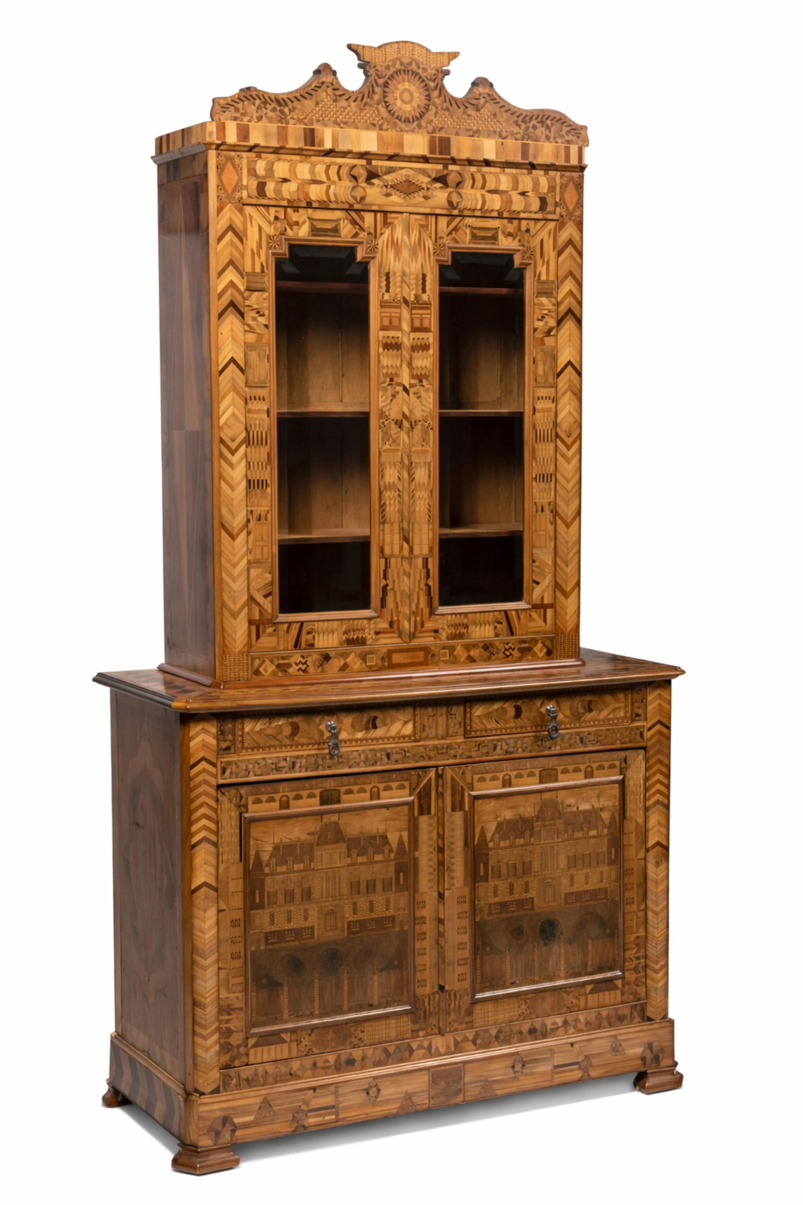Wonderful Wood Intricately Inlaid Exhibition Cabinet with Secret Mechanisms, Late 19th Century: Keywords: No reserve, straw marquetry buffet, two-part cabinet, secret locking mechanisms, French marquetry furniture, geometric inlay, decorative sideboard, hidden compartments, late 19th centurySumm