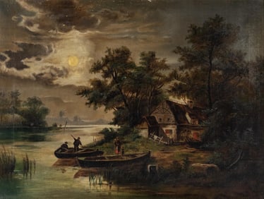 Painting of Family with Boats and House on Lake, 20th Century