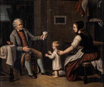 Domestic Family Interior Scene Oil on Canvas Painting, Early 20th Century