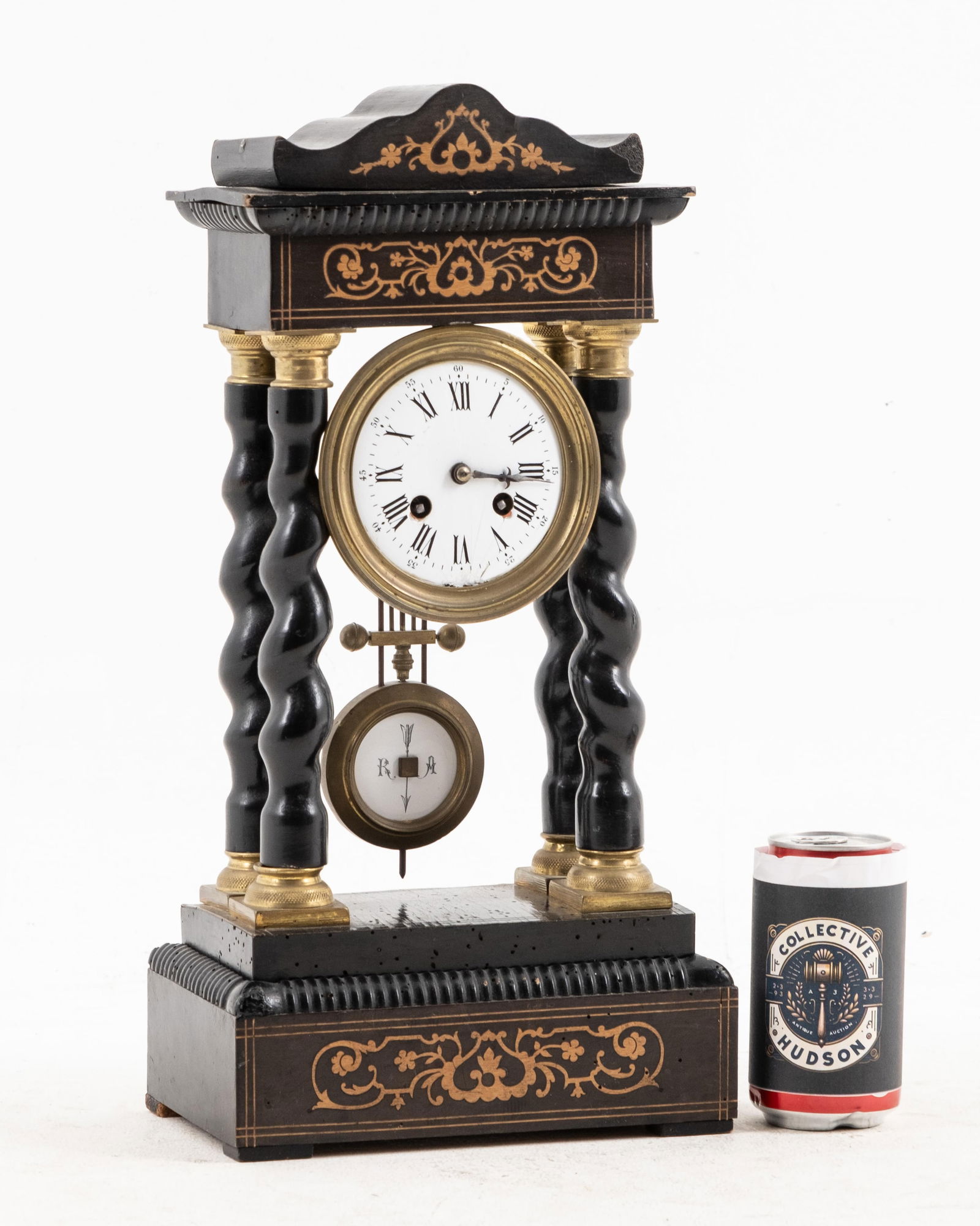 French Inlaid Mantle Clock Restoration Period, Early 19th Century: Keywords: No reserve, French clock, Empire style, Portico mantel clock, 19th century, Restoration period, ebonized wood, gilt bronze, inlaid brass, decorative clock, antique timepiece, neoclassical, h