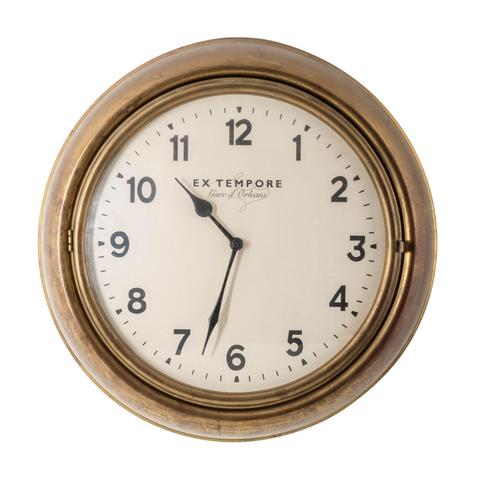 Extempore “Gare d’Orléans" Brass-Finished Wall Clock: Keywords: Extempore, Gare d’Orléans, wall clock, French station clock, brass finished clock, round wall clock, enamel dial, modern horology, decorative clockSummary:Extempore “Gare d’Orléans&r
