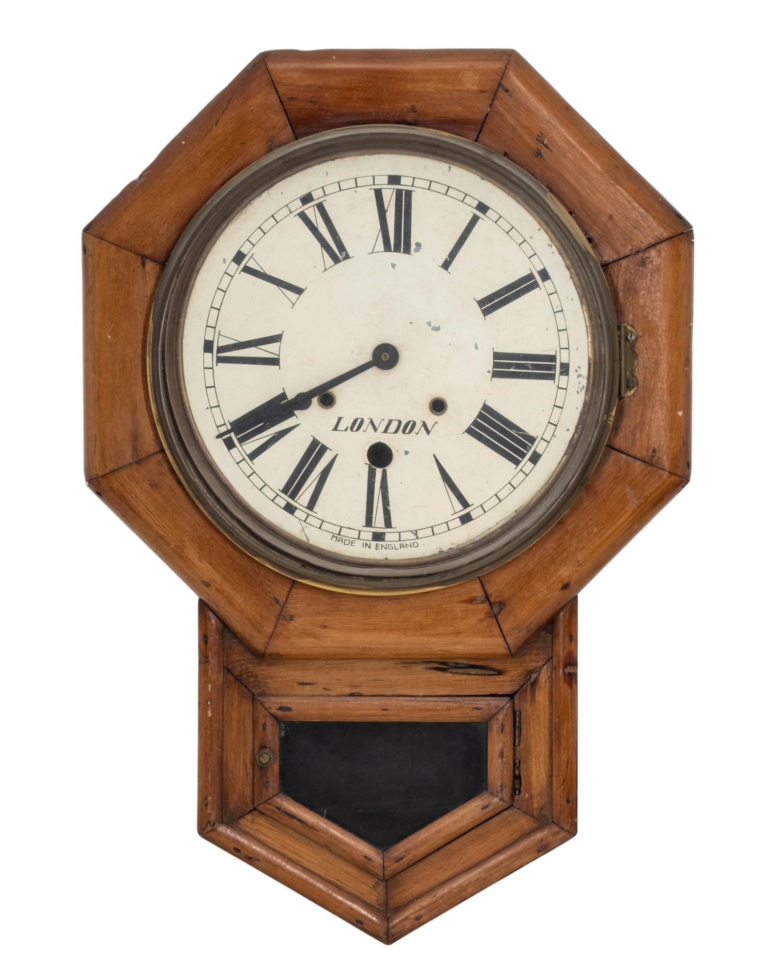 English Octagonal Wall Clock, Early 20th Century: Keywords: English wall clock, octagonal clock, wooden wall clock, Roman numeral dial, London dial, antique clock, early 20th century, domestic timepieceSummary:English wall clock housed in an octagona