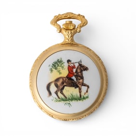 Gold Tone Swiss Lucien Piccard Equestrian Pocket Watch, In Original Box